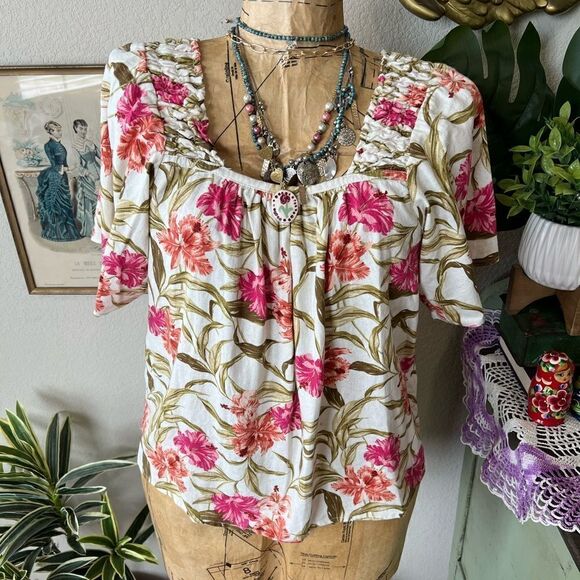 Kensie Jeans Pink Coral Green Cream Linen Blend Floral Tropical Blouse S Coastal - Picture 1 of 12